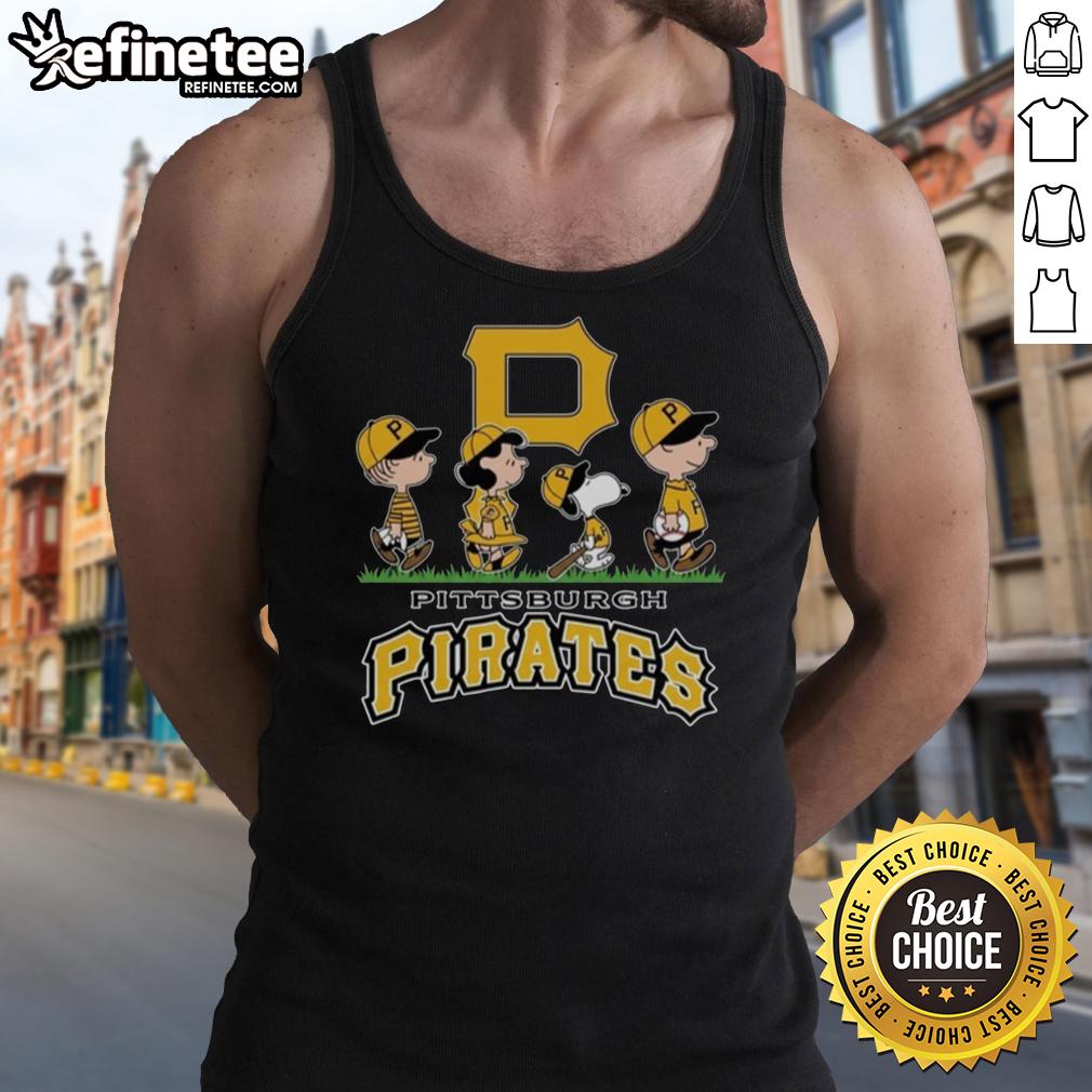 Good Snoopy, Charlie Brown, Linus, and Lucy in Pittsburgh Pirates baseball jerseys and tank tops, celebrating baseball fun.