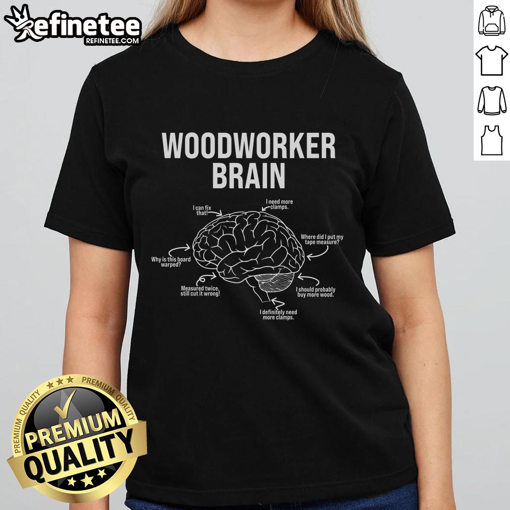 Good Woodworkers brain diagram on a ladies tee, showcasing creativity and craftsmanship in woodworking.