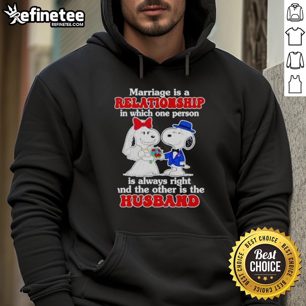 Funny marriage joke hoodie featuring Snoopy: 'One person is always right, the other is the husband' for couples.