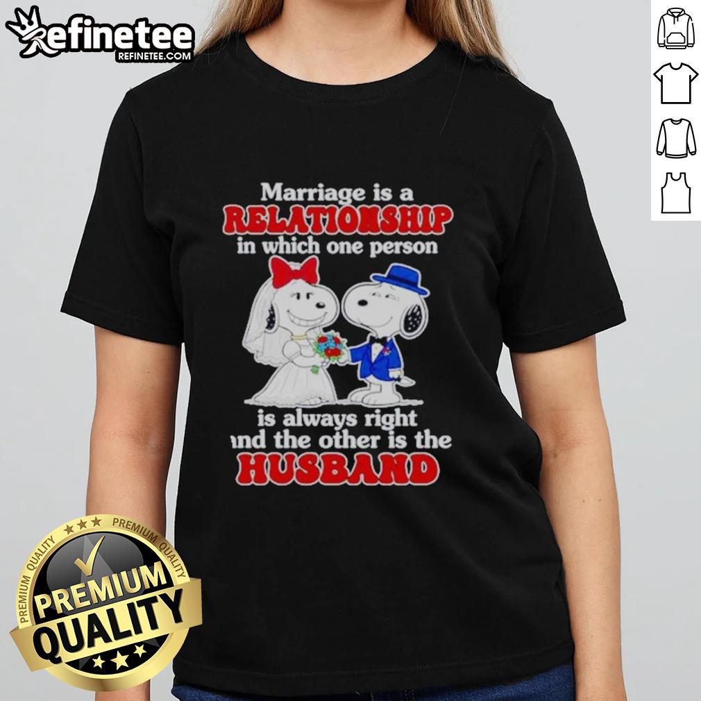 Funny marriage joke tee featuring Snoopy: 'In every couple, one is always right' - perfect for wedding celebrations!