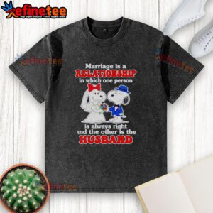 Funny marriage joke featuring Snoopy: 'In every couple, one is always right and the other is the husband' on a t-shirt.