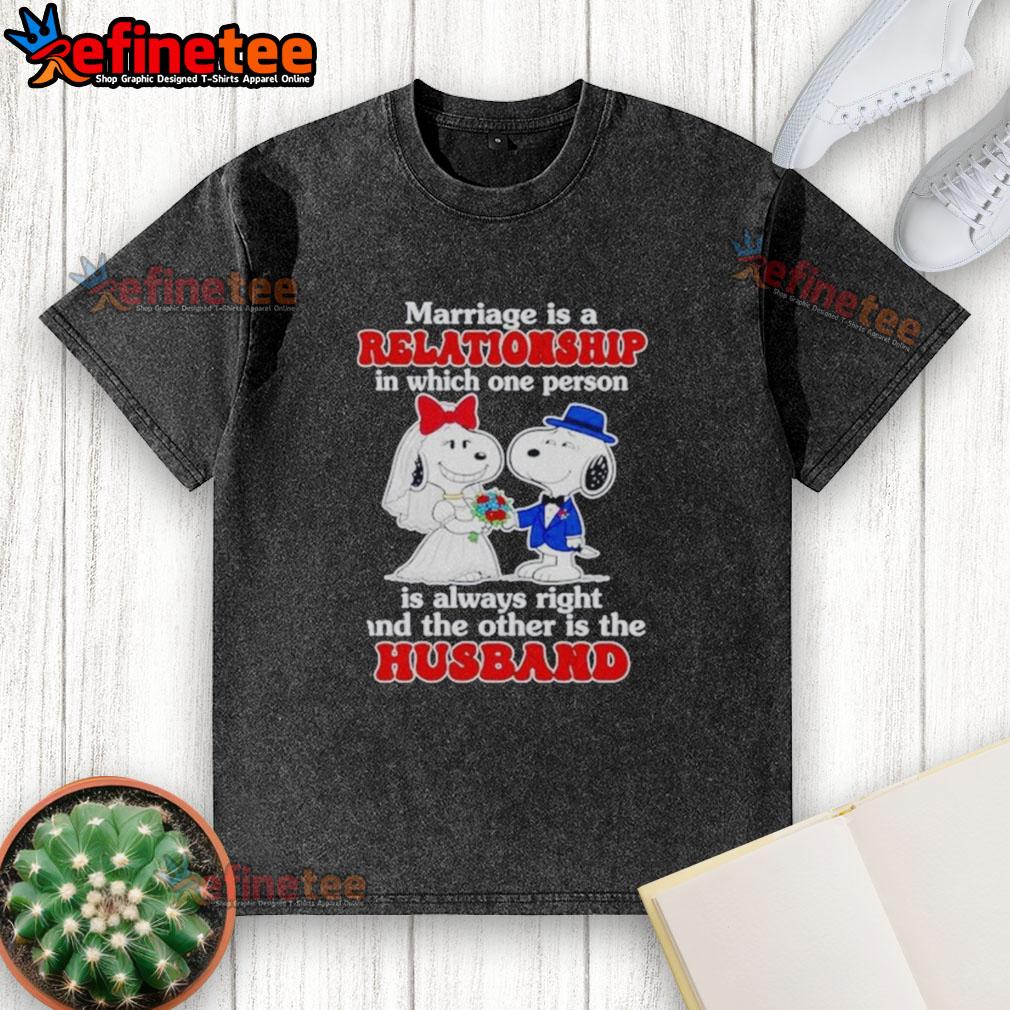 Funny marriage joke featuring Snoopy: 'In every couple, one is always right and the other is the husband' on a t-shirt.