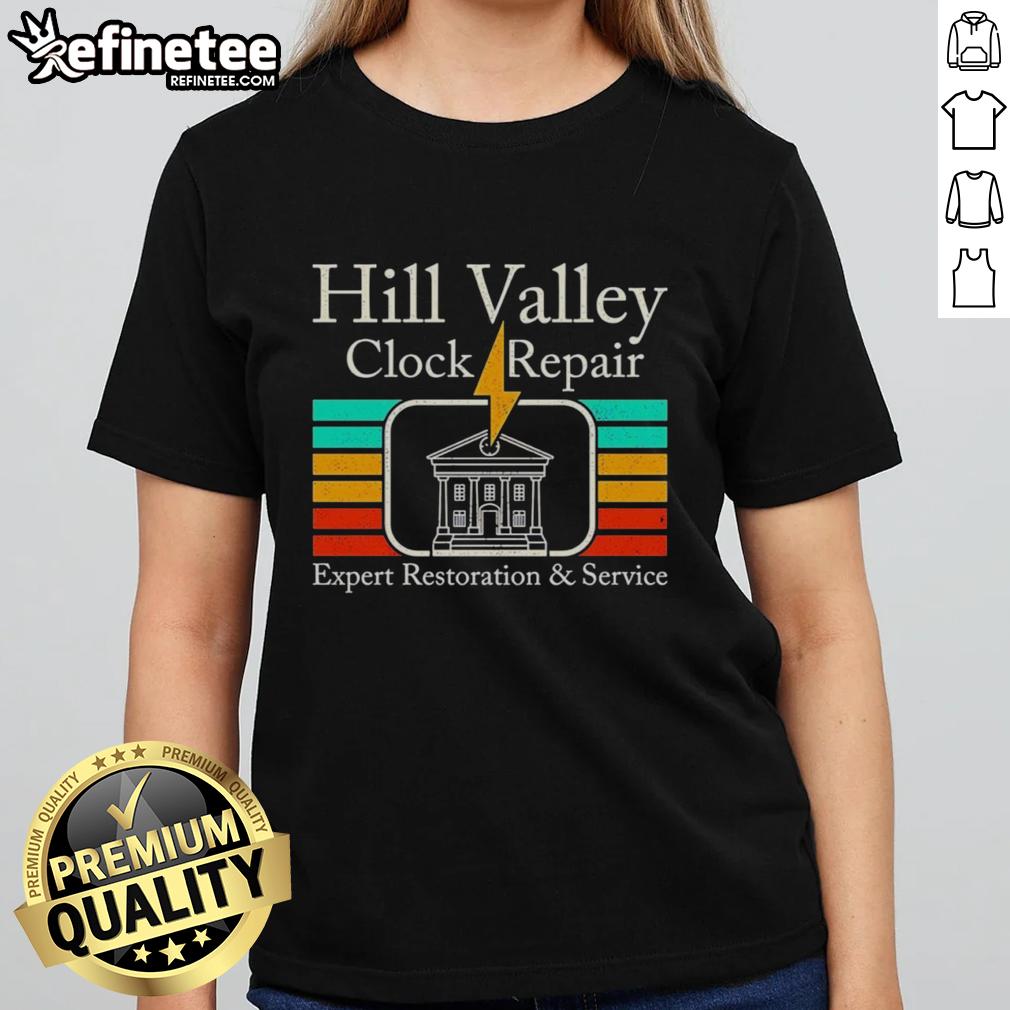 Expert clock repair service for Hill Valley's iconic timepieces, inspired by Back to the Future. Ladies tee design.