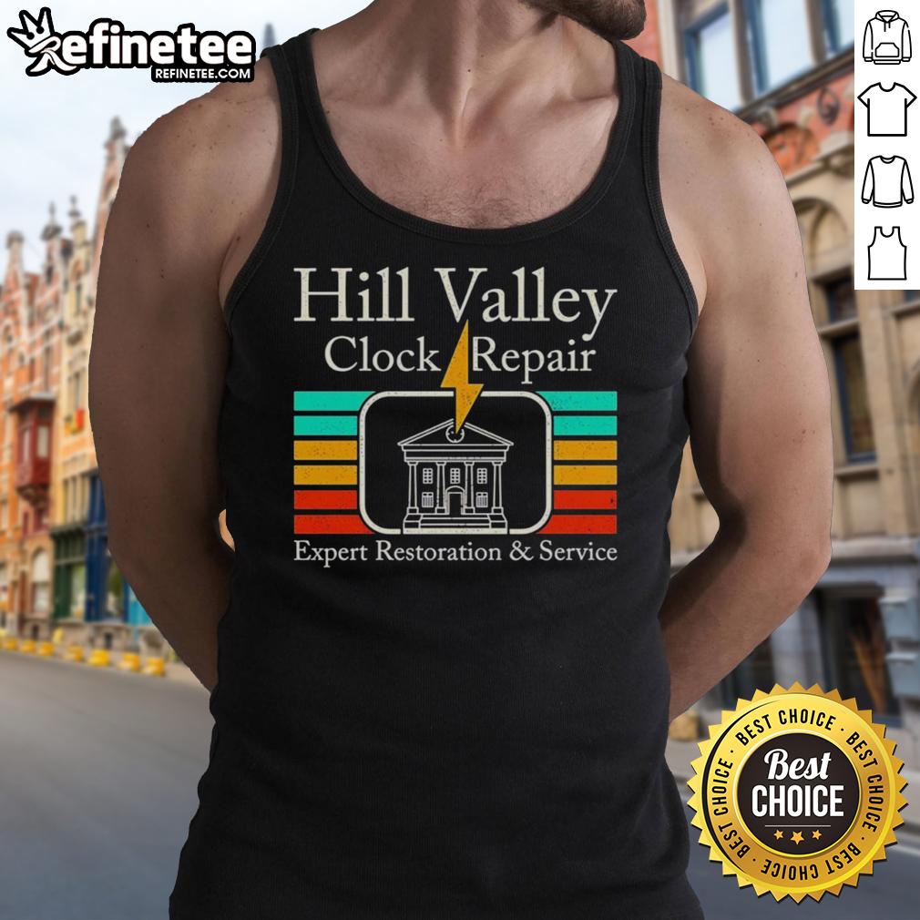 Expert clock repair service for Hill Valley's iconic timepieces, featuring a 'Back to the Future' themed tank top.