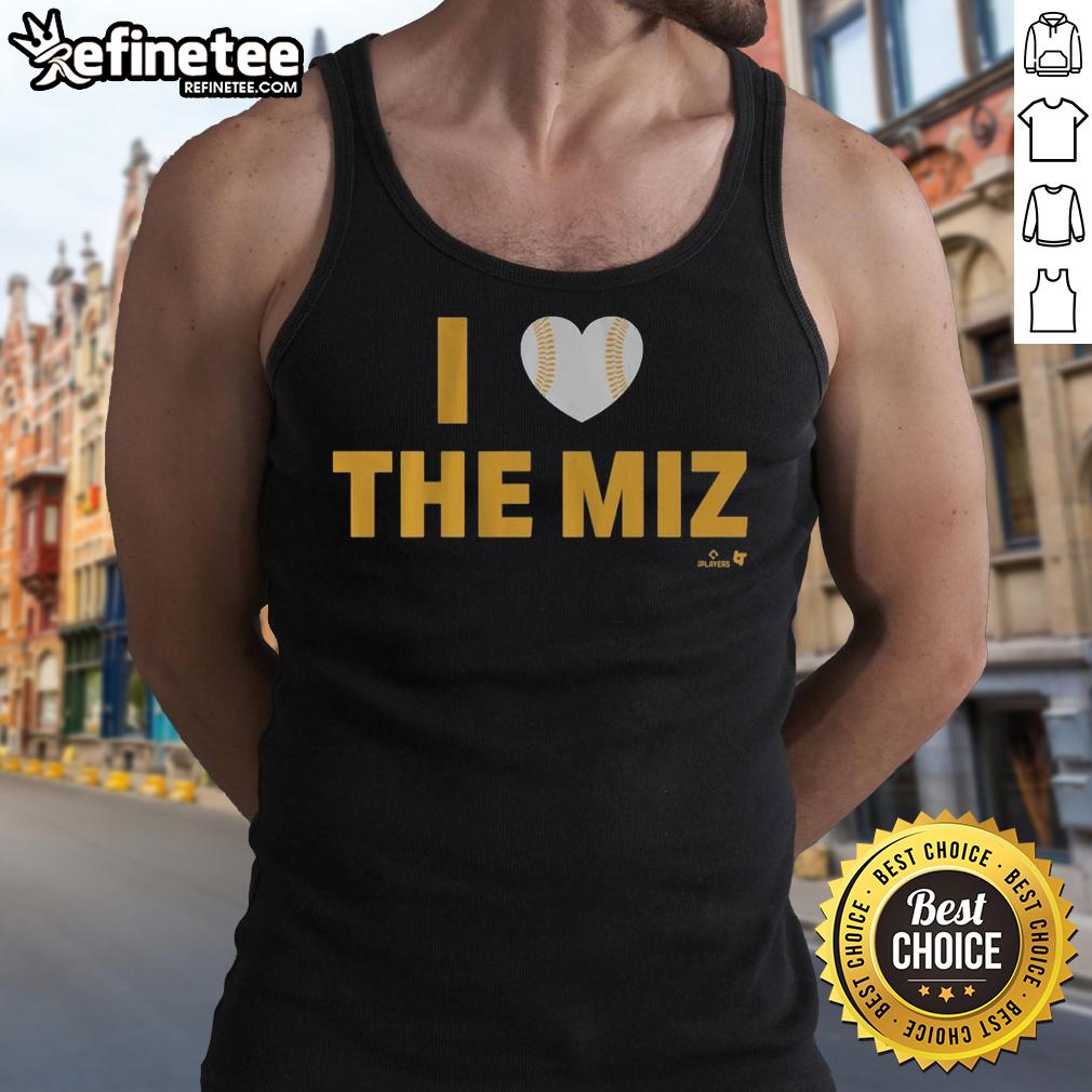 Nice Jacob Misiorowski wearing an 'I Heart The Miz' tank top, showcasing his love for wrestling in a casual style.