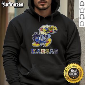 Alt Text: Kansas sports teams hoodie featuring logos of local schools, showcasing team spirit and pride in Kansas.