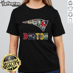 Collage of New England Patriots and Boston sports teams logos on a ladies tee, perfect for NFL fans and fashion enthusiasts.
