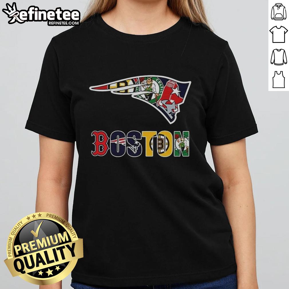 Collage of New England Patriots and Boston sports teams logos on a ladies tee, perfect for NFL fans and fashion enthusiasts.