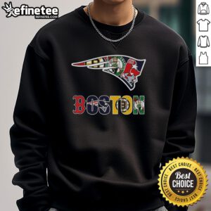 Alt Text: Cozy sweatshirt featuring a collage of New England Patriots and Boston sports team logos, perfect for NFL fans.