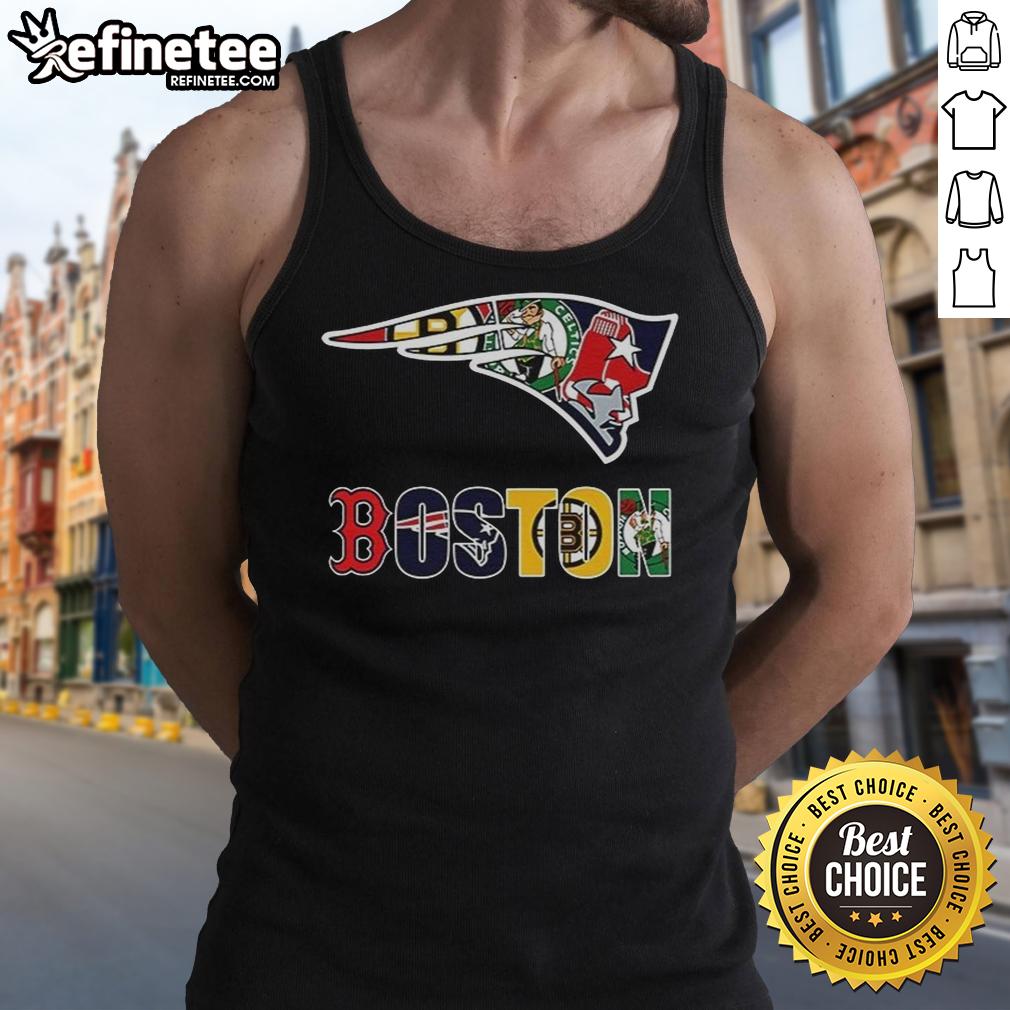 Collage of New England Patriots NFL and Boston sports team logos on a stylish tank top for fans.