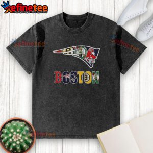 Collage of New England Patriots NFL logo and Boston sports teams on a washed t-shirt, perfect for fans and casual wear.