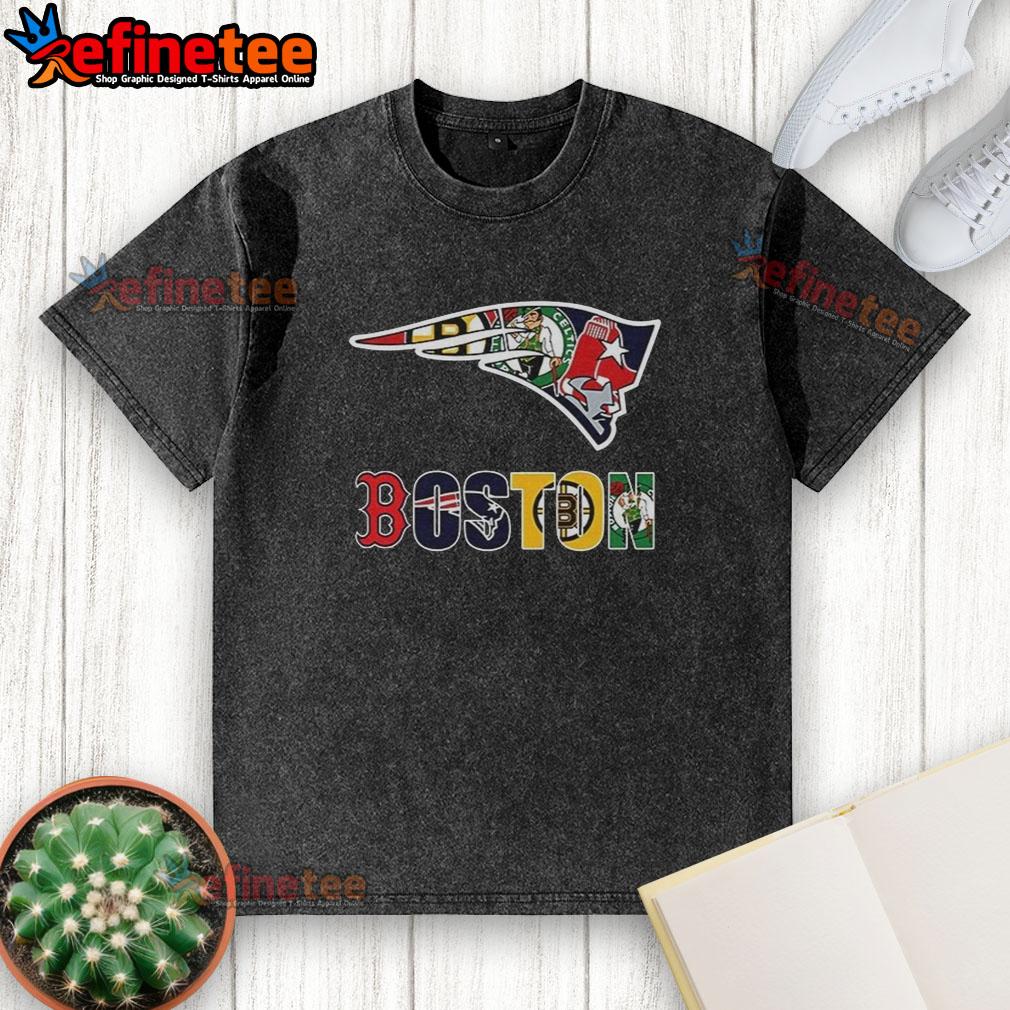 Collage of New England Patriots NFL logo and Boston sports teams on a washed t-shirt, perfect for fans and casual wear.