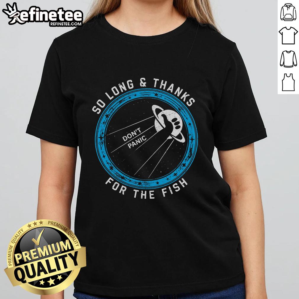 Nice So Long Thanks For The Fish Ladies Tee featuring a playful fish graphic on a stylish women's t-shirt.