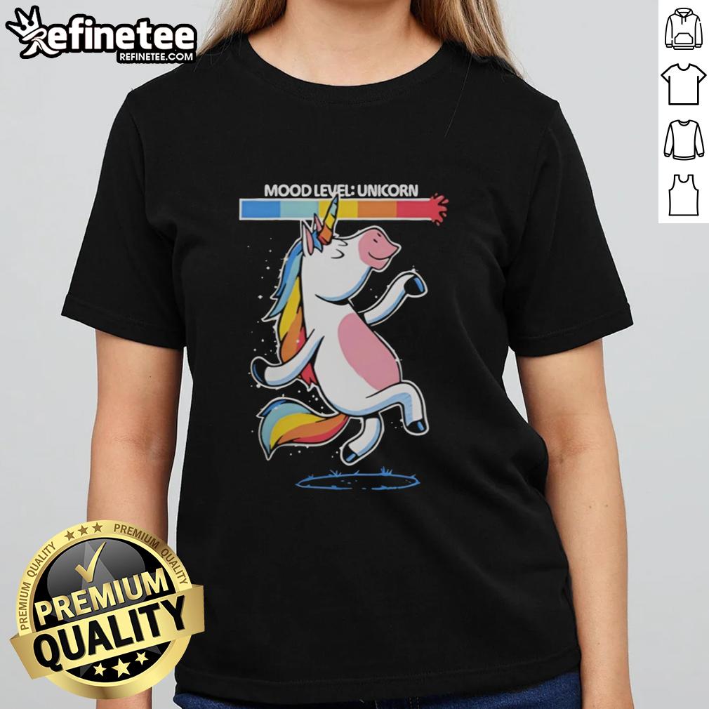 Nice Unicorn Happy Vibes Dancing Mood Level Ladies Tee featuring a colorful unicorn design for joyful fashion.