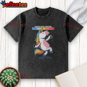 Alt Text: Happy vibes unicorn dancing mood level graphic on a washed t-shirt, perfect for casual outfits and unicorn lovers.