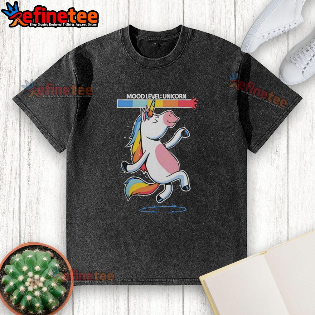 Alt Text: Happy vibes unicorn dancing mood level graphic on a washed t-shirt, perfect for casual outfits and unicorn lovers.
