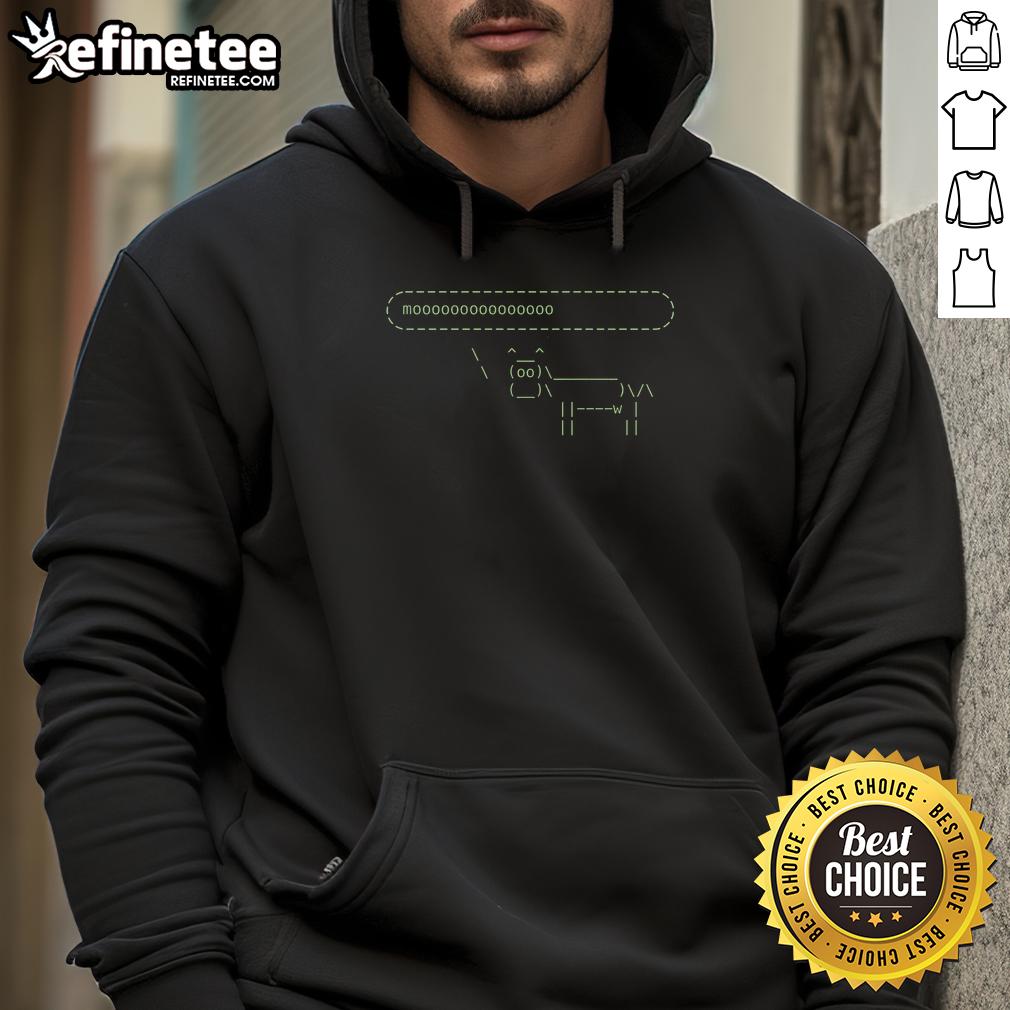 Official Cowsay Moooo Hoodie featuring a fun cow graphic and playful text, perfect for fans of quirky apparel.
