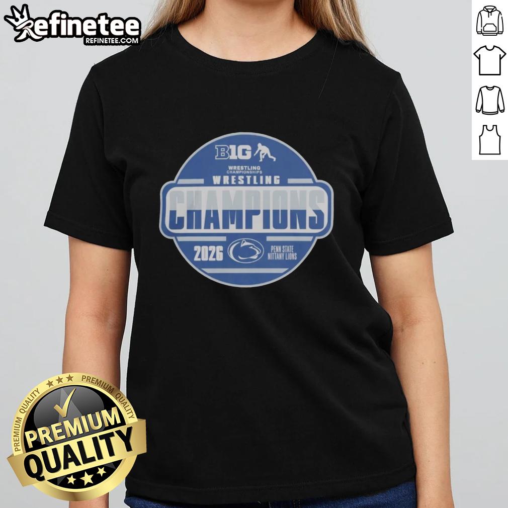 Official Penn State Nittany Lions 2026 Big Ten Wrestling Champions ladies tee displayed in a vibrant locker room setting.