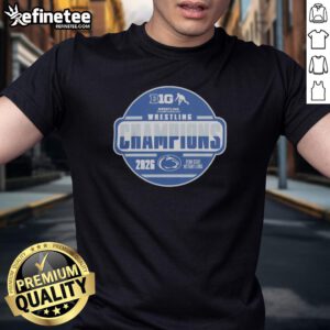 Alt Text: Official Penn State Nittany Lions 2026 Big Ten Wrestling Champions Locker Room T-Shirt showcasing team logo and championship design.