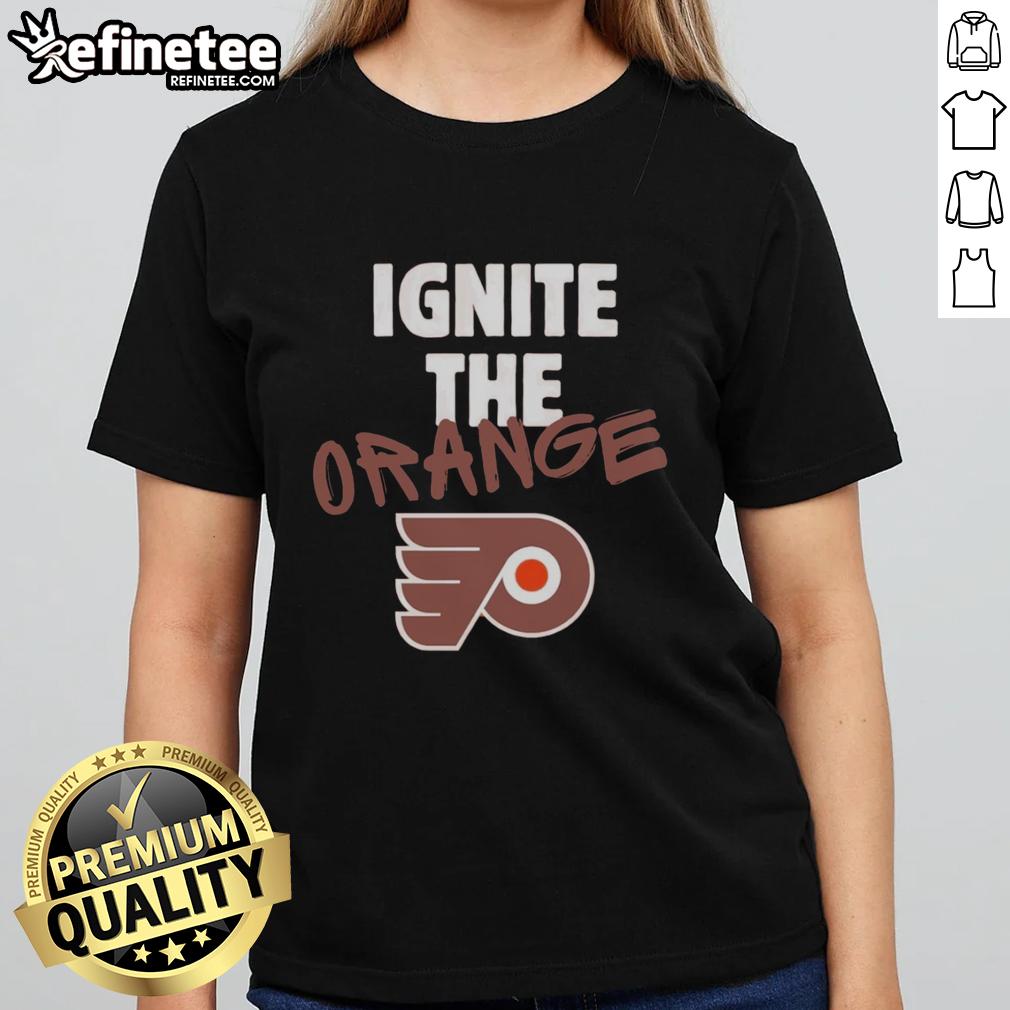 Official Philadelphia Flyers Ignite The Orange 2026 NHL Playoffs Ladies Tee featuring vibrant team colors and logo.