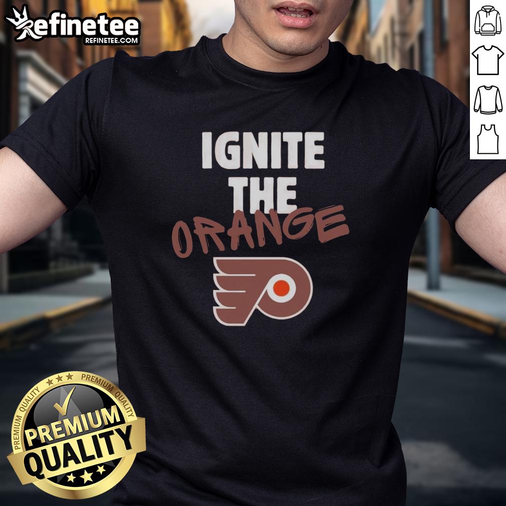 Official Philadelphia Flyers Ignite The Orange 2026 NHL Playoffs fan gear T-shirt featuring vibrant team colors and logo.