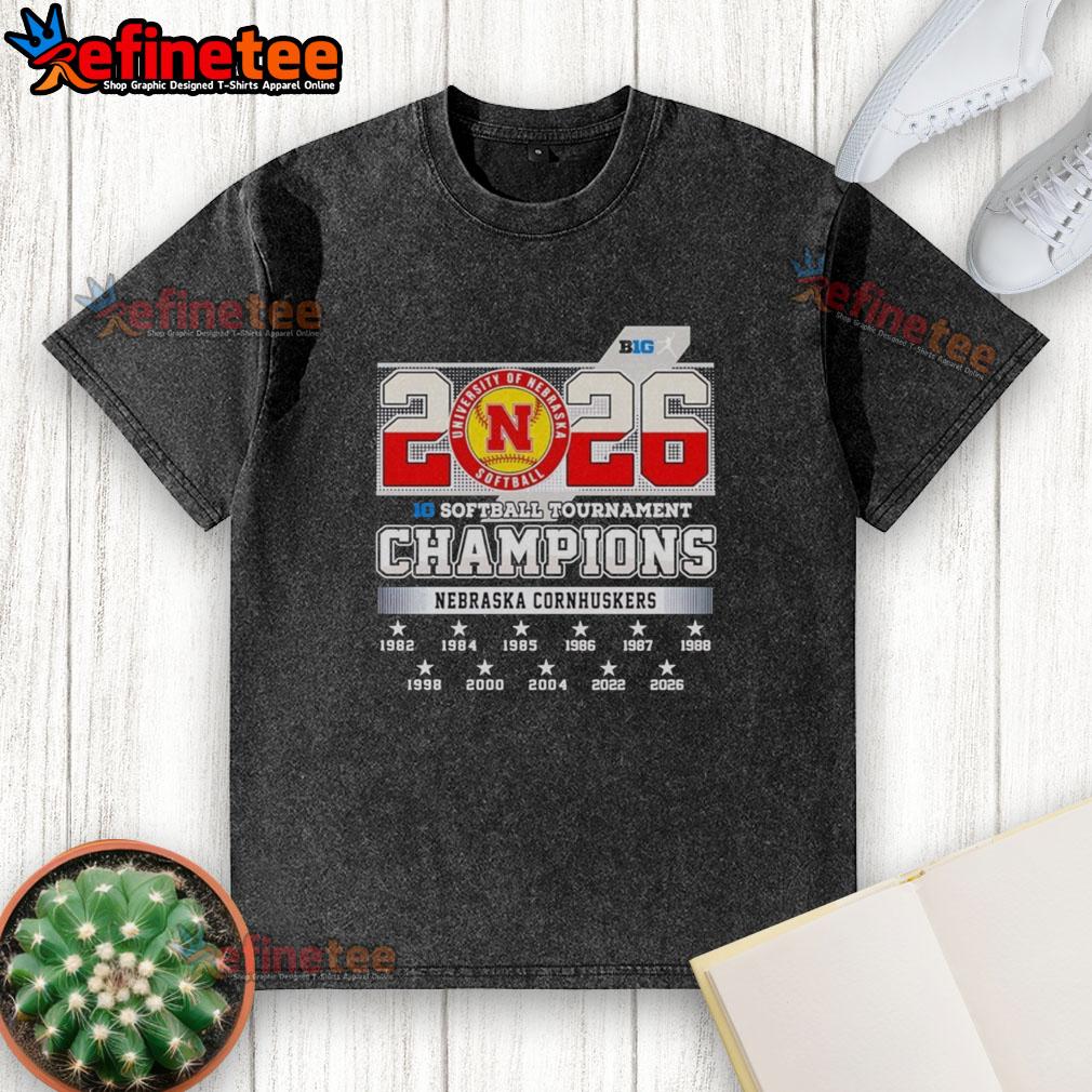 2026 Big Ten Softball Tournament Champions washed t-shirt featuring the Nebraska Cornhuskers logo and vibrant colors.