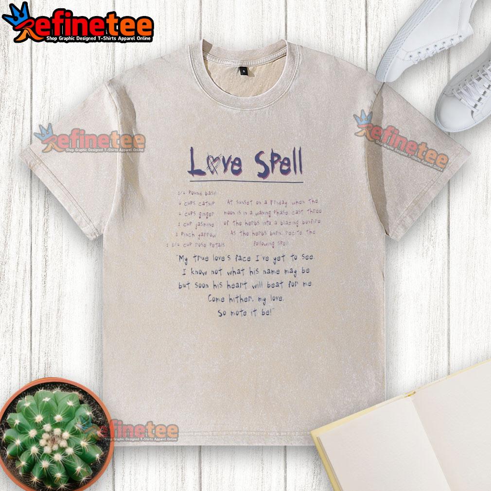 Premium Love Spell washed T-shirt featuring a whimsical design about finding true love and fate.