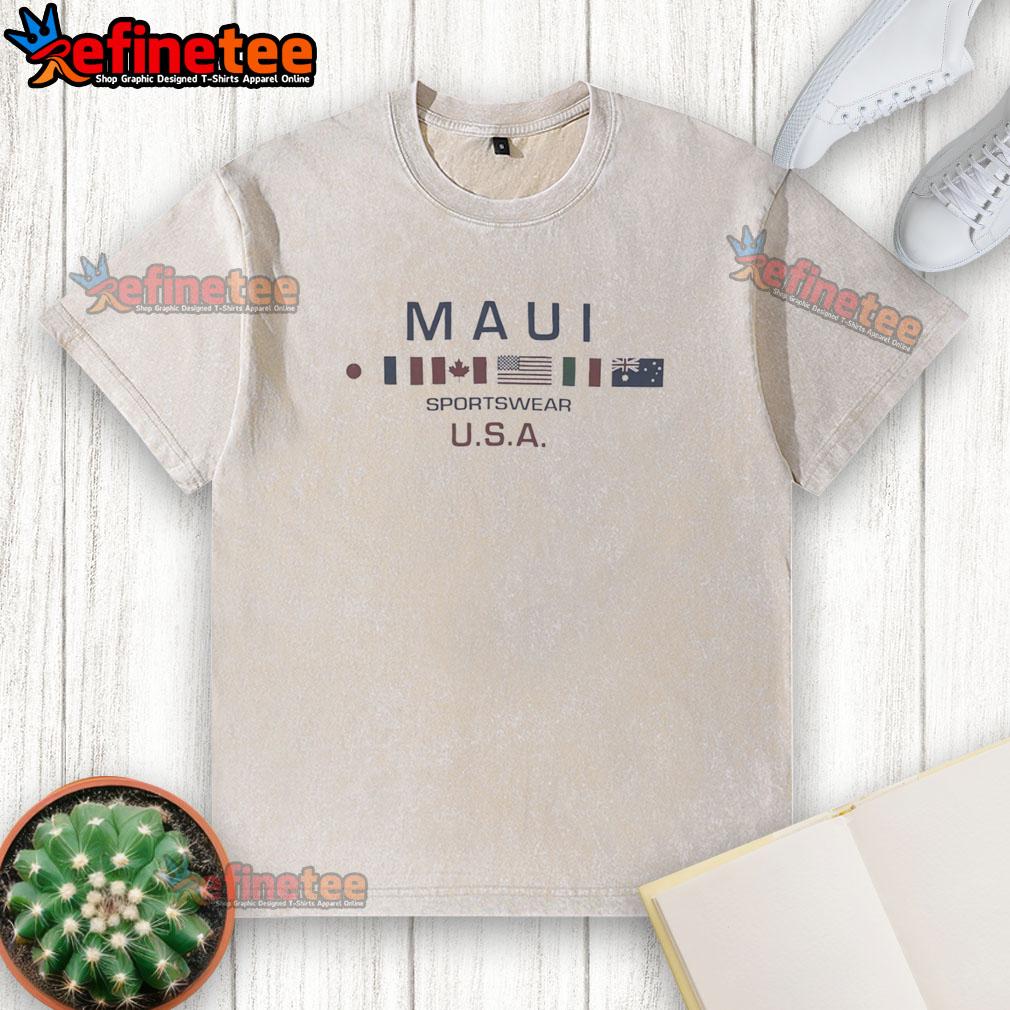 Alt Text: Premium Maui sportswear USA flags washed t-shirt featuring a vintage design and comfortable fit for casual wear.