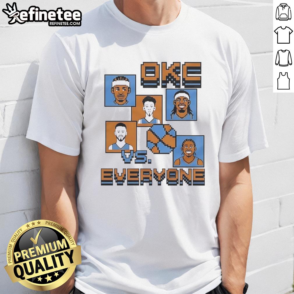 Alt Text: Premium Oklahoma City Thunder 8 Bit T-Shirt featuring 'OKC Vs Everyone' design, perfect for fans and gamers.