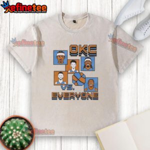Premium Oklahoma City Thunder 8-bit washed t-shirt featuring 'OKC vs Everyone' design for fans and collectors.