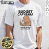 Pretty budget capybara calmly denies your request t-shirt design featuring a cute capybara in a relaxed pose.