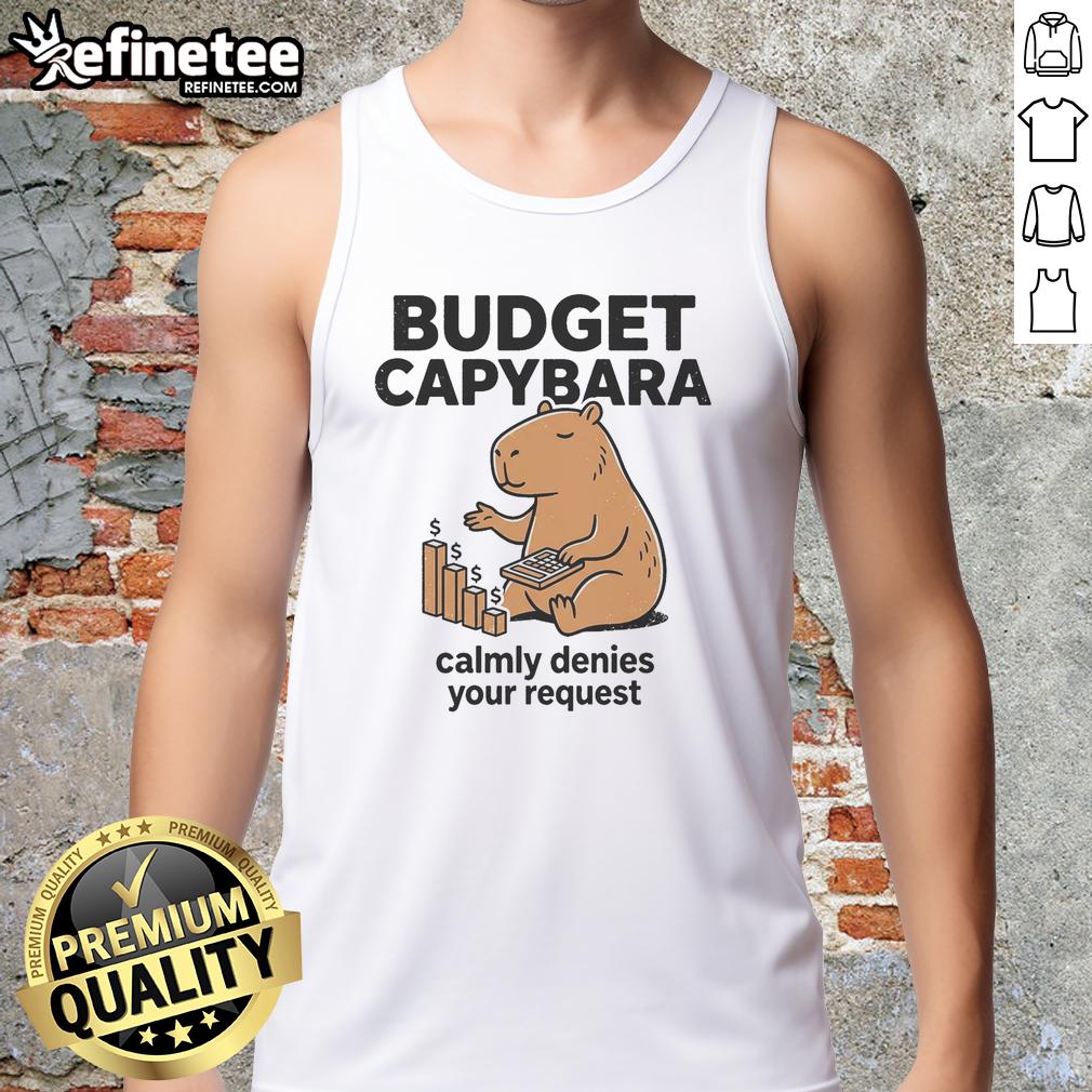 Capybara in a tank top calmly denying a request, showcasing a fun and quirky budget-friendly style.