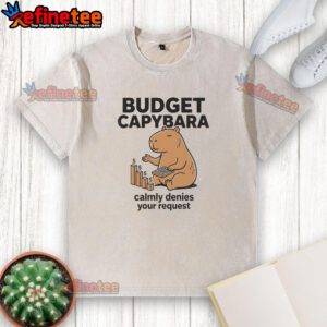 Alt Text: Cute capybara in a washed t-shirt calmly denies your request, showcasing a pretty budget-friendly vibe.