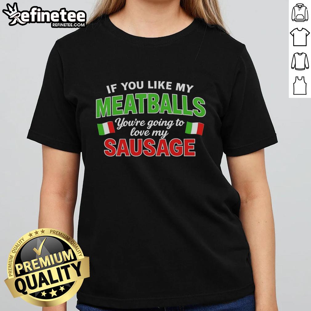 Stylish ladies tee featuring Italy flag pattern, perfect for meatball and sausage lovers. Fun graphic shirt for casual wear.