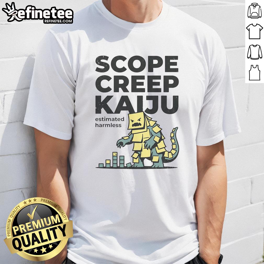 Pretty Scope Creep Kaiju Estimated Harmless T-Shirt design featuring a colorful, whimsical monster illustration.