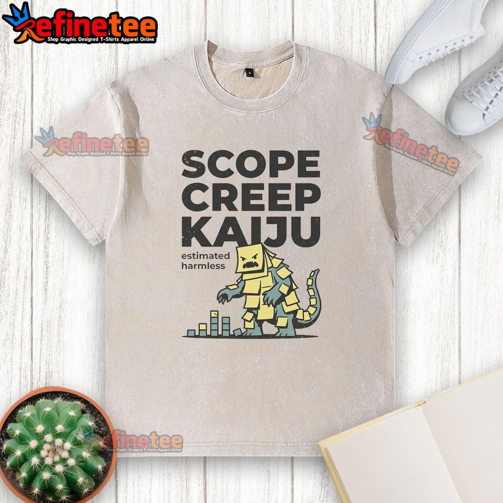Pretty Scope Creep Kaiju Estimated Harmless washed t-shirt featuring a colorful kaiju design on a soft fabric.