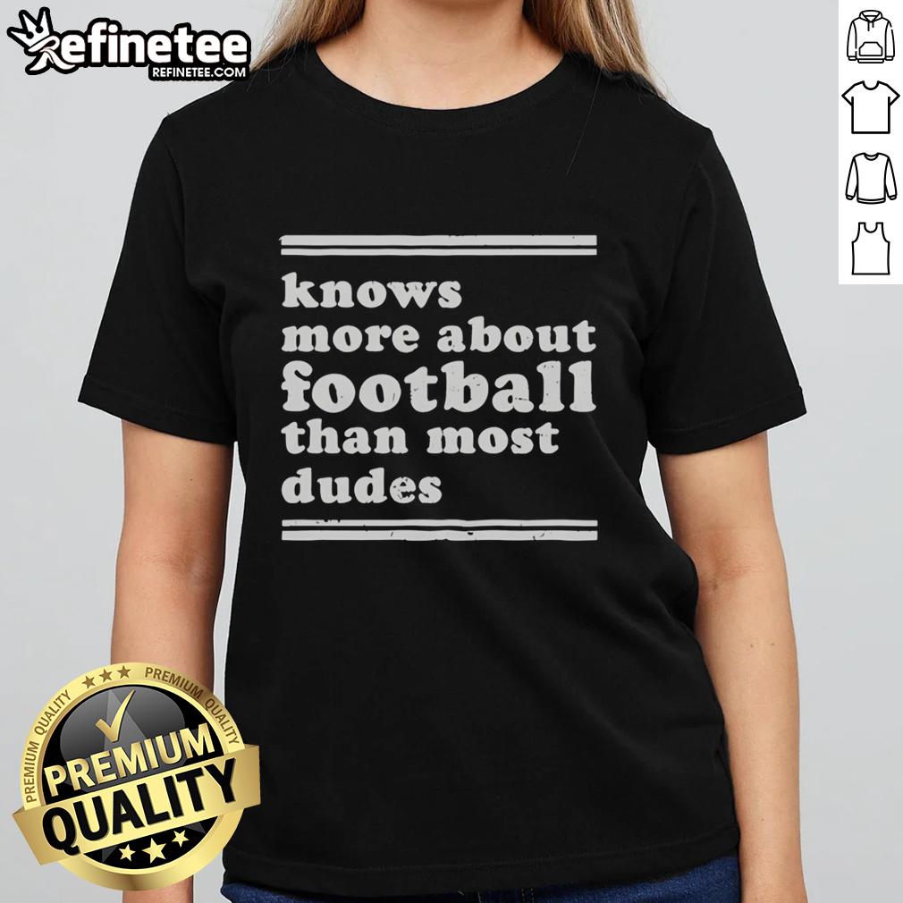 Top Knows More About Football Than Most Dudes Ladies Tee showcasing a stylish design for football-loving women.