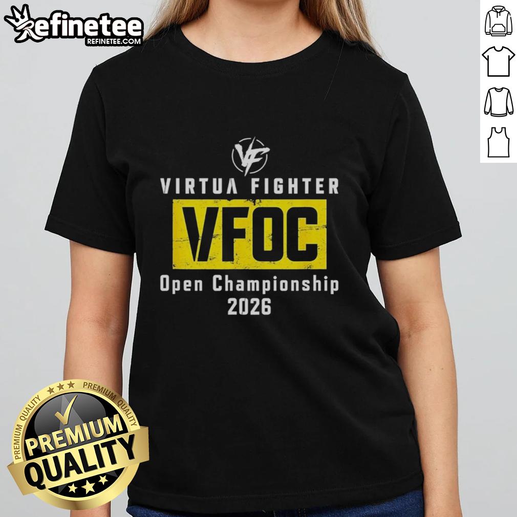 Alt Text: Top VFoc Virtua Fighter Open Championship 2026 Ladies Tee featuring dynamic graphics and vibrant colors.