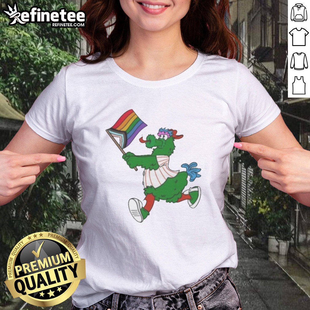 Awesome Philadelphia Phillies Pride Mascot Running With Progress Flag t shirt on Classic Shirt Awesome Philadelphia Phillies Pride Mascot Running With Progress Flag t shirt shown as a classic shirt preview