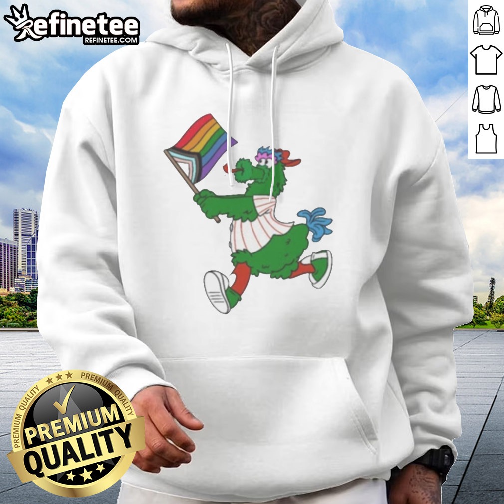 Awesome Philadelphia Phillies Pride Mascot Running With Progress Flag t shirt on Hoodie Awesome Philadelphia Phillies Pride Mascot Running With Progress Flag t shirt shown as a hoodie preview