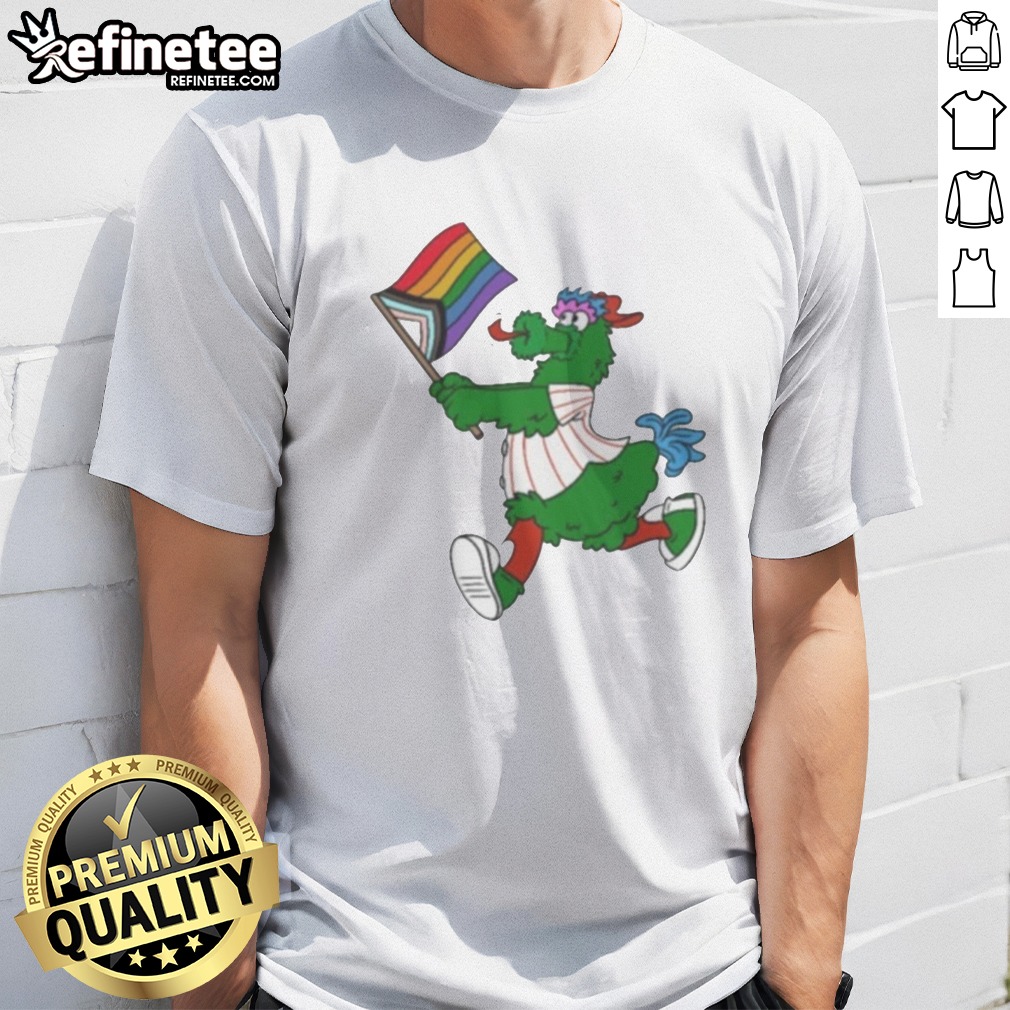 Awesome Philadelphia Phillies Pride Mascot Running With Progress Flag t shirt on Classic Shirt Awesome Philadelphia Phillies Pride Mascot Running With Progress Flag t shirt shown as a classic shirt preview
