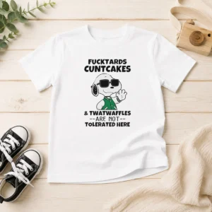 Awesome Snoopy Peanuts Fcktards Cuntcakes And Twatwaffles Are Not Tolerated Here kids t shirt in white with bold graphic print