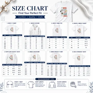 Size chart for Awesome Snoopy Peanuts It Is Never Too Late To Be What You Want Unless You Are Fcked with measurements in inches and cm