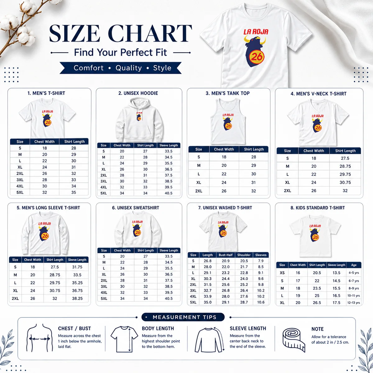 Awesome Spain La Roja World Cup 2026 National Football The Red One Size Chart Size chart for Awesome Spain La Roja World Cup 2026 National Football The Red One with measurements in inches and cm
