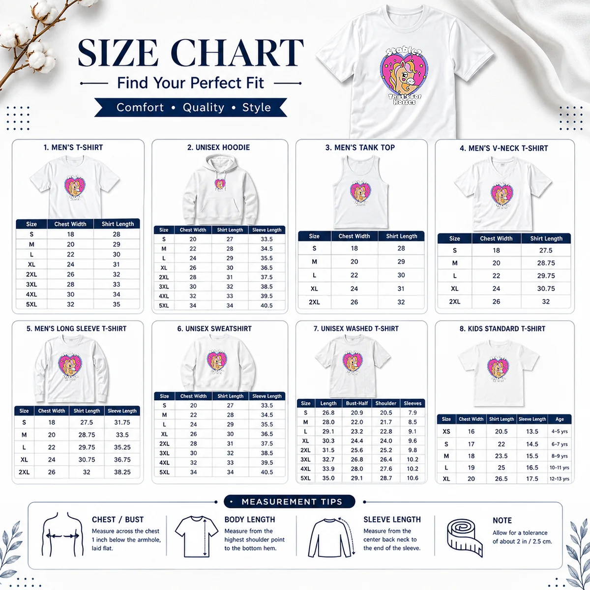 Awesome Stable Thats For Horses Horse Pun Funny Animal Size Chart Size chart and sizing guide for Awesome Stable Thats For Horses Horse Pun Funny Animal with measurements in inches and cm
