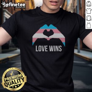 Funny Love Wins Transgender Pride Flag Heart Hands Symbol Equality LGBTQIA Plus t shirt displayed on a neutral background