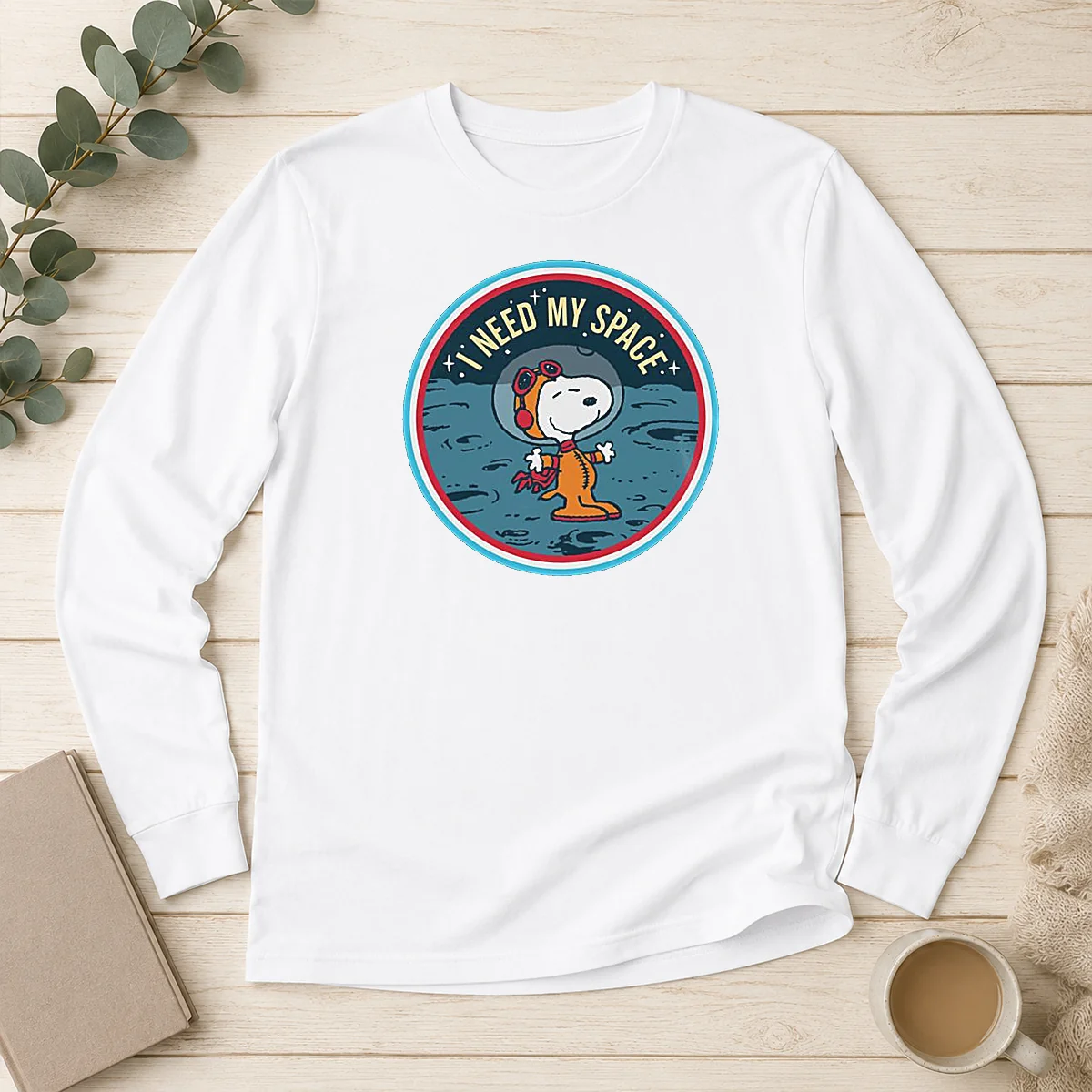 Funny Peanuts Snoopy On The Moon I Need My Space Mens Long Sleeve Shirt