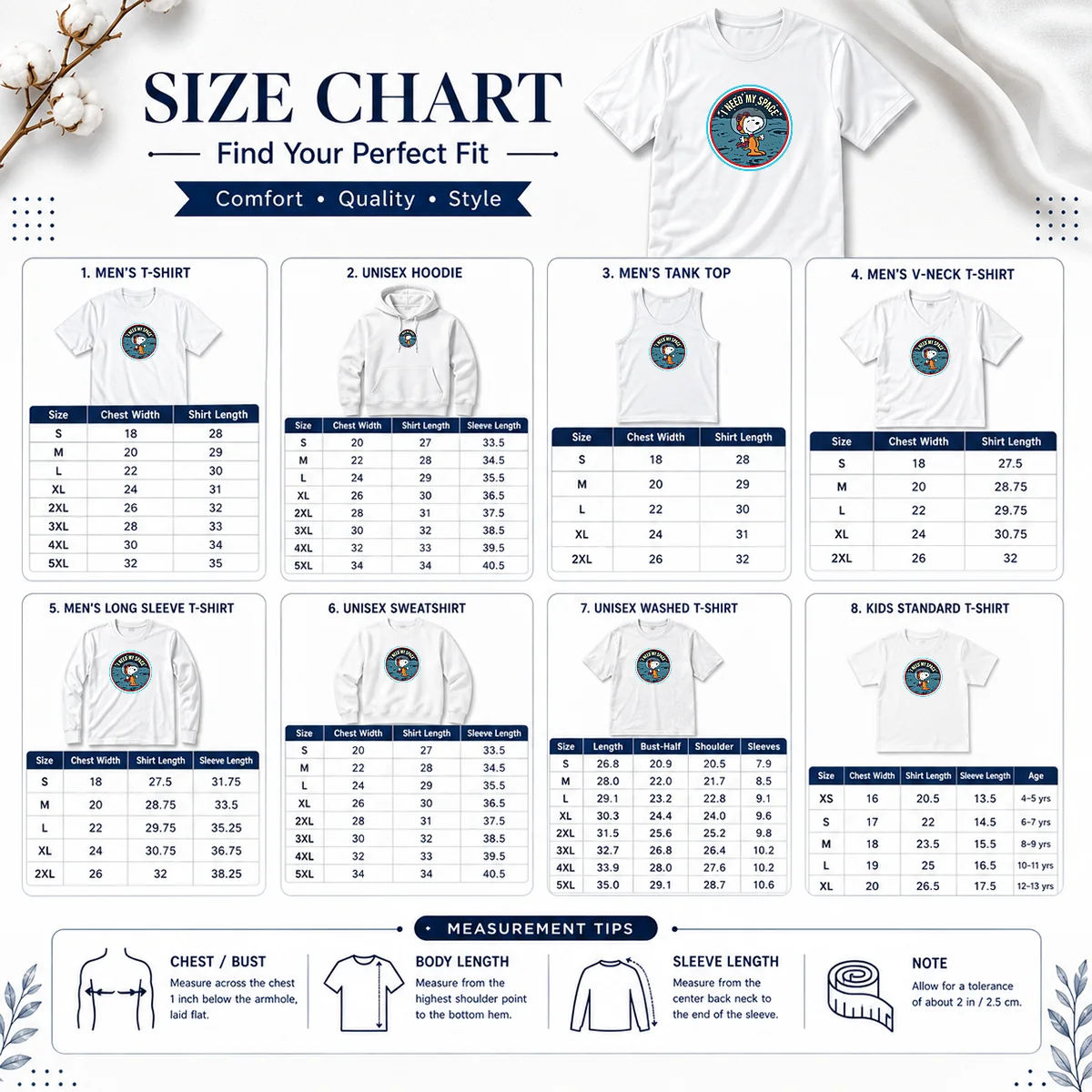 Funny Peanuts Snoopy On The Moon I Need My Space Mens Size Chart Size chart for Funny Peanuts Snoopy On The Moon I Need My Space Mens with measurements in inches and cm