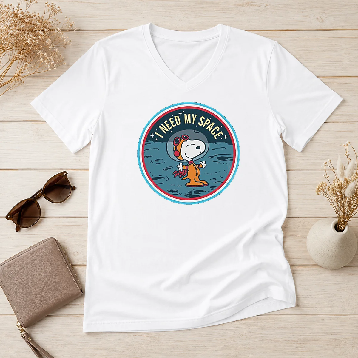 Funny Peanuts Snoopy On The Moon V-Neck Shirt Funny Peanuts Snoopy On The Moon V-Neck Shirt