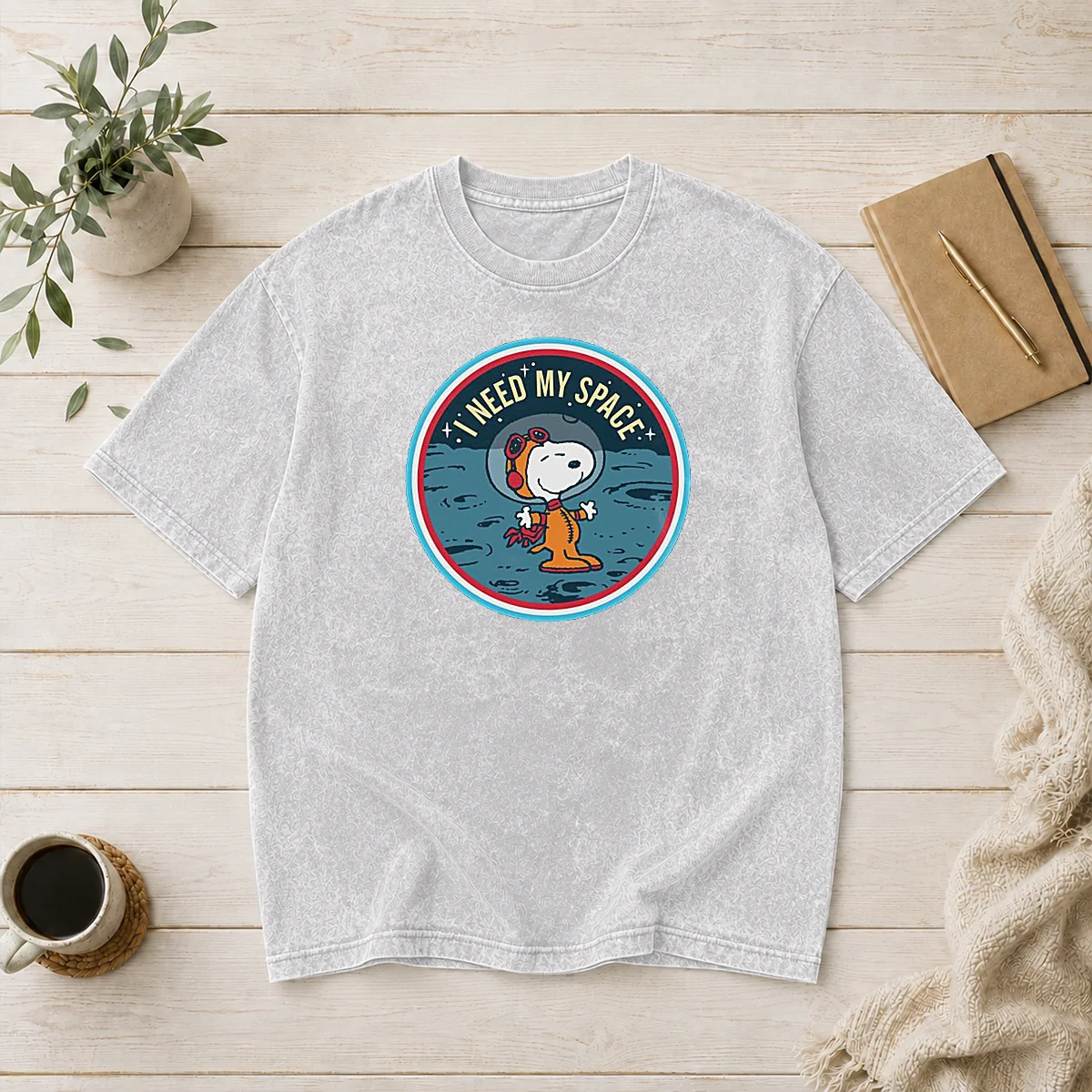Funny Peanuts Snoopy On The Moon I Need My Space Mens Washed T-Shirt